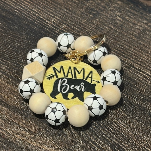 NWT Soccer ⚽️ MAMA BEAR Keychain Wristlet large wooden beads with Soccer Ball - Picture 3 of 4